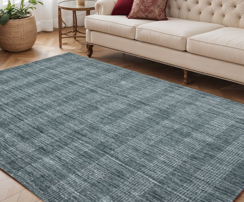 5' X 8' Wool Plaid Hand Woven Area Rug - Blue And Ivory