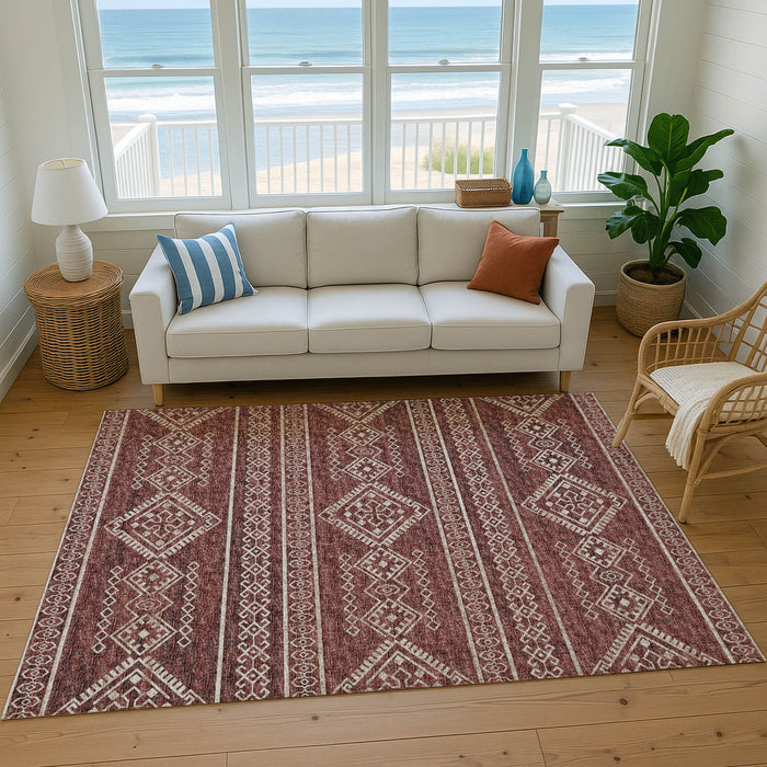 8' X 10' Tribal Washable Area Rug With UV Protection - Burnt Sienna And Ivory