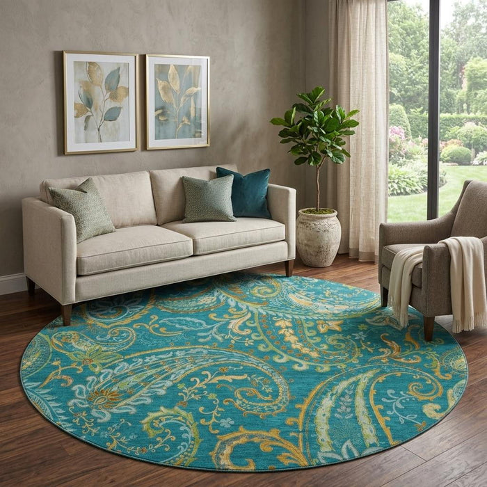 8' Paisley Distressed Washable Round Rug With UV Protection (648007) - Teal / Green / Gold