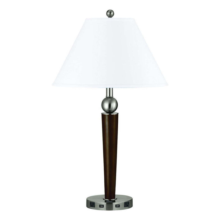 Metal Geometric USB Table Lamp With White Empire Shade - Nickel