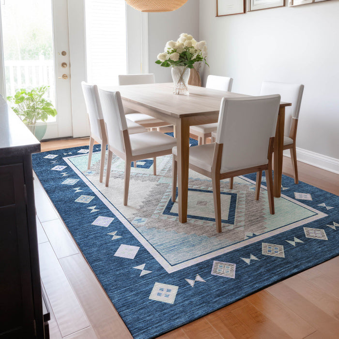 12' X 9' Southwest Geometric Washable Area Rug With UV Protection - Blue And Ivory