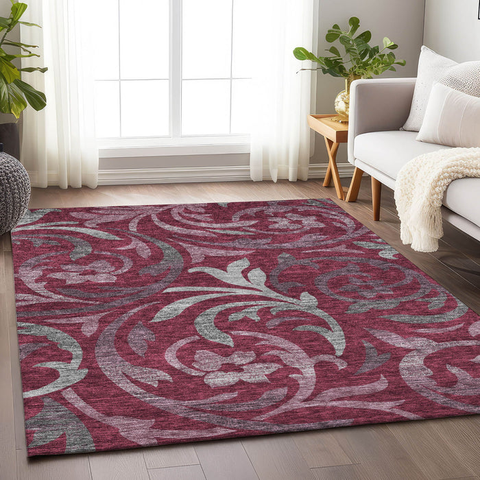 10' X 14' Floral Washable Area Rug With UV Protection - Burgundy