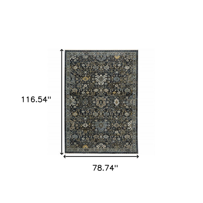 6.6' x 9.7' Oriental Power Loom Area Rug With Fringe - Blue And Ivory