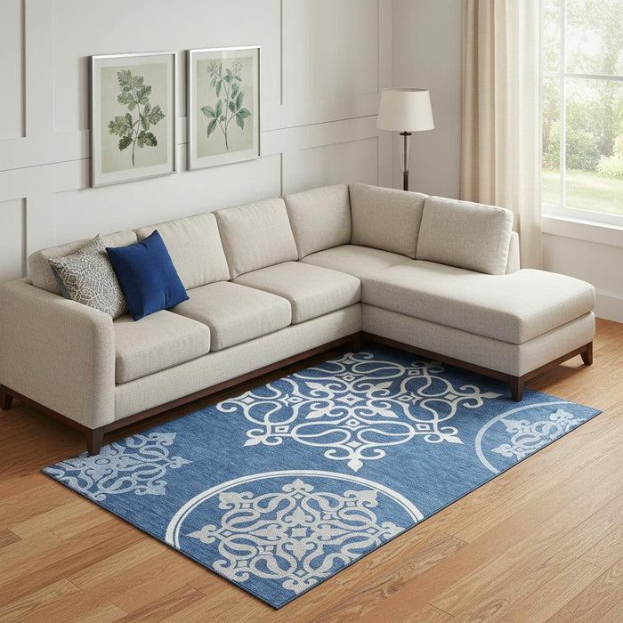 10' X 14' Floral Medallion Washable Area Rug With UV Protection (669534) - Navy Blue / Ivory / Gray