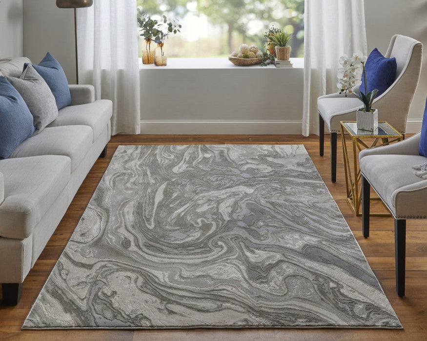 8' x 11' Abstract Stain Resistant Area Rug - Gray Ivory And Silver