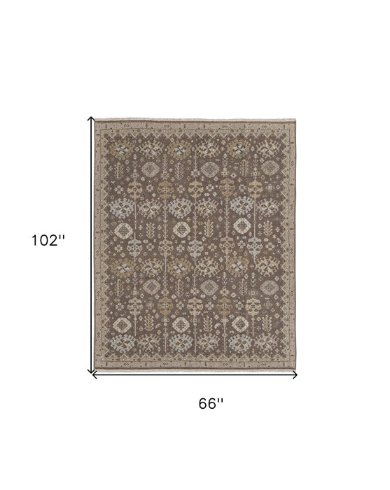 6' x 9' Wool Oriental Hand Knotted Area Rug With Fringe - Tan And Brown