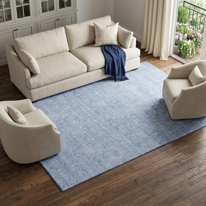 10' X 14' Floral Washable Area Rug With UV Protection (656921) - Sky Blue / Ivory