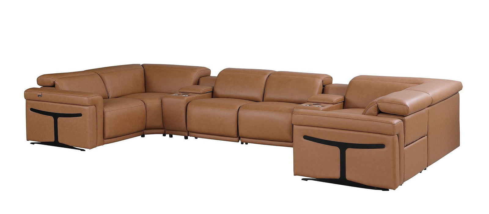 Leather Power Reclining U Shaped 8 Piece Corner Sectional With Console - Chestnut