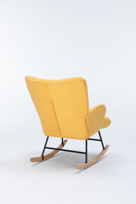 Yellow teddy upholstered Giga nursery rocking chair with high backrest, modern glider recliner for nursery or living room seating