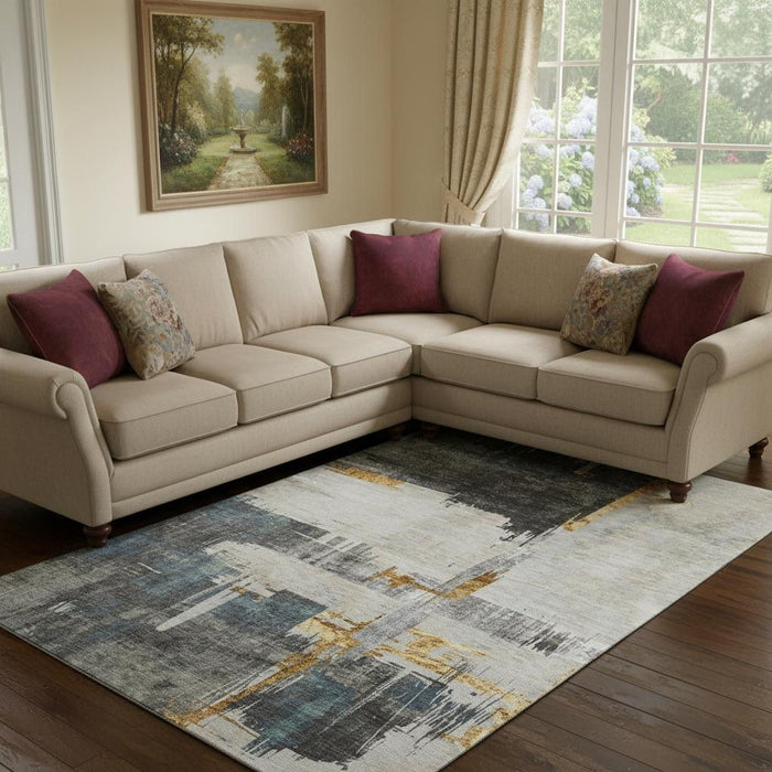 10' X 14' Abstract Washable Area Rug With UV Protection (652689) - Charcoal / Ivory / Gold