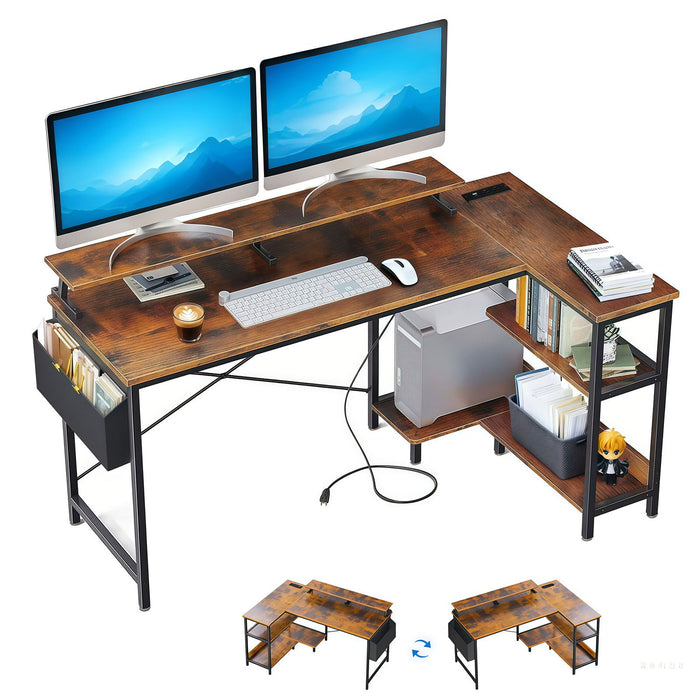 Giga black and brown L-shaped gaming desk with power outlets, monitor stand, storage shelves, and reversible corner design.