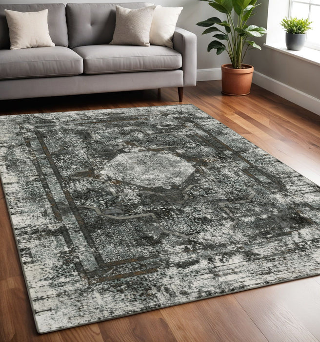 5' x 8' Oriental Power Loom Stain Resistant Area Rug - Charcoal Rust Gray Blue Ivory And Brown