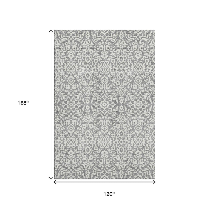 10' X 14' Damask Washable Area Rug With UV Protection (673127) - Gray / Ivory