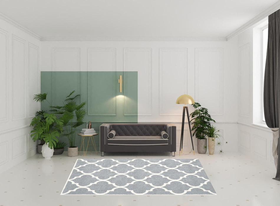6.6' x 9.5' Geometric Shag Power Loom Stain Resistant Polyester Area Rug - Grey And Ivory