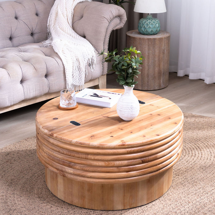 Round wooden Giga coffee table with hidden storage, modern rustic centerpiece for living room, natural wood finish and sturdy design.