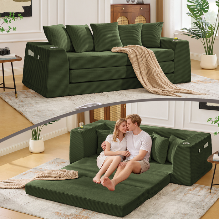 [NEW ARRIVED] [VIDEO PROVIDED] 82.25' Convertible Sofa Bed,Loveseat Sleeper Sofa,2 in 1 Sofa, Corduroy Pull Out Sofa Bed,5 Pillows , Side Pocket,No Assembly, Two Cup Holders,Wide Armrest,3 Seat,Green