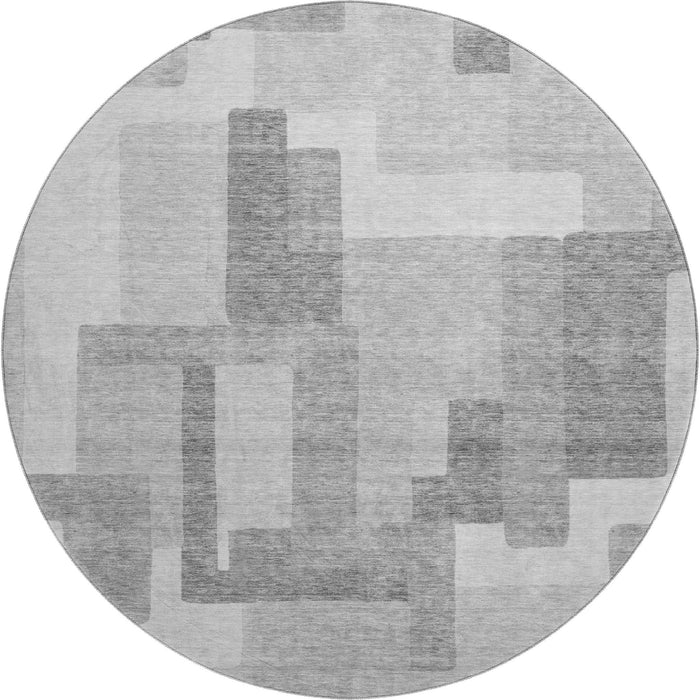 8' Abstract Geometric Washable Round Rug With UV Protection - Silver And Gray