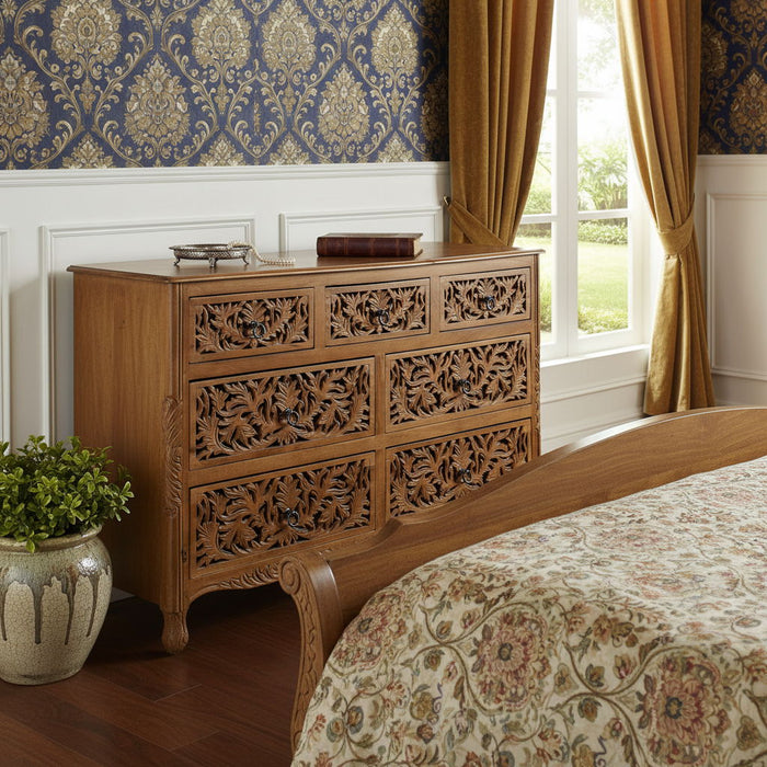 Carved Floral Solid Wood Seven Drawer Dresser - Brown