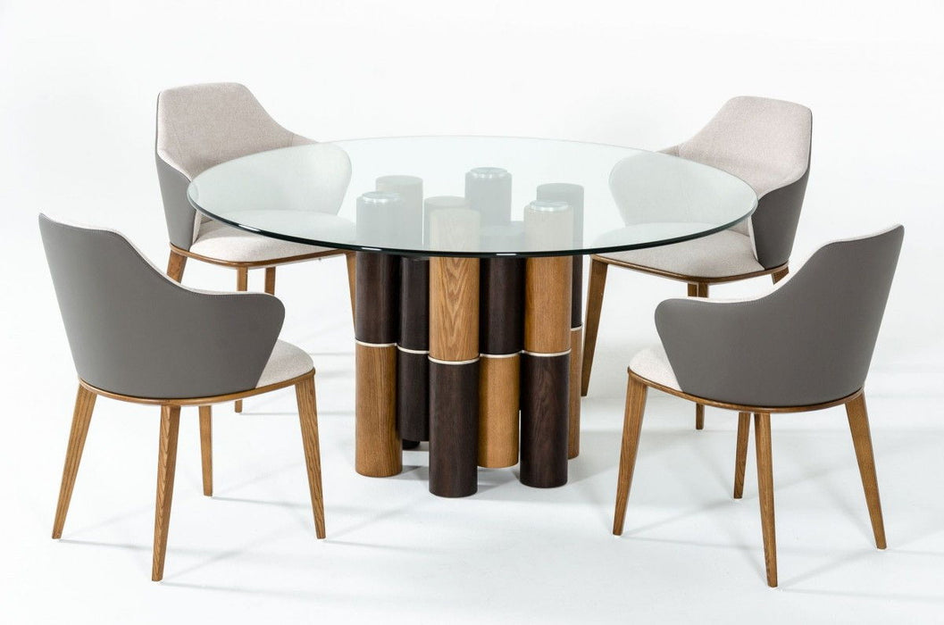 Glass Wood Pedestal Base Round Top Dining Table - Clear / Brown