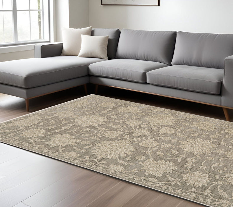 8' X 11' Floral Area Rug With Fringe - Gray And Beige