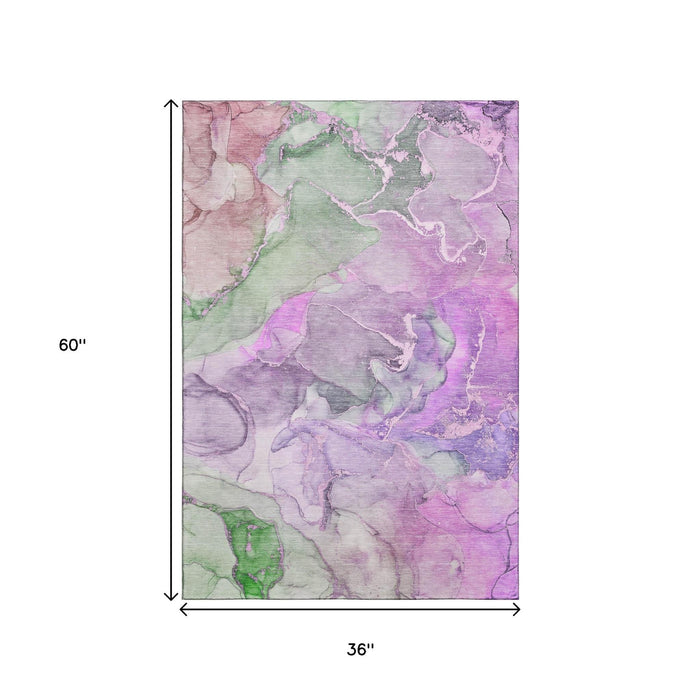 3' X 5' Abstract Washable Area Rug With UV Protection (646495) - Purple / Green / Pink
