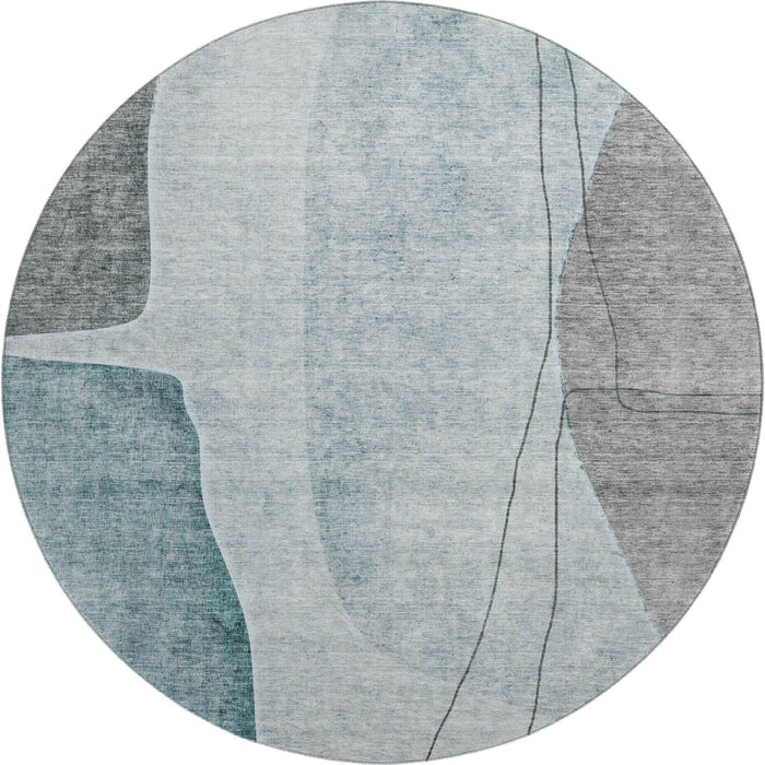 8' Abstract Washable Round Rug With UV Protection (656582) - Teal / Gray / Ivory