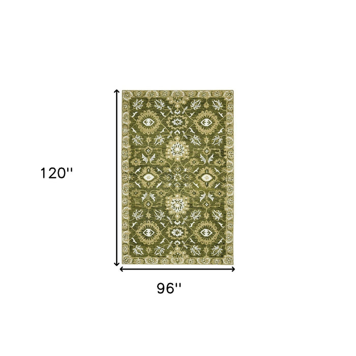 8' X 10' Wool Floral Medallion Hand Hooked Area Rug - Olive Green