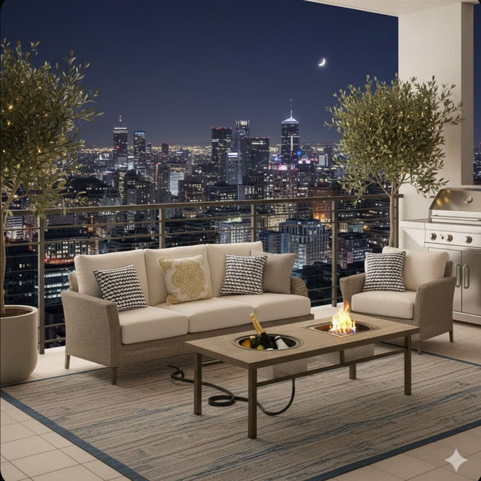 Giga 3-in-1 outdoor propane fire pit table with beige finish, ice bucket, and 50,000 BTU burner for outdoor heating and entertaining.