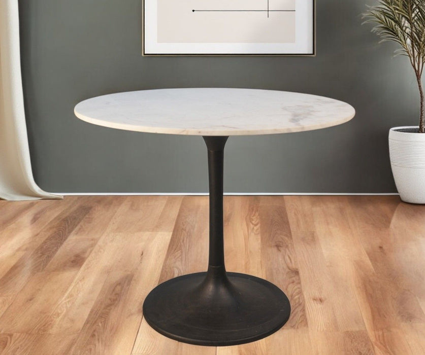 36" Rounded Marble And Iron Pedestal Base Dining Room Table - White