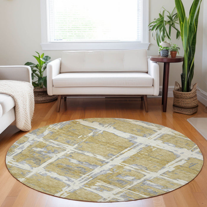 8' Striped Washable Round Rug With UV Protection - Gold