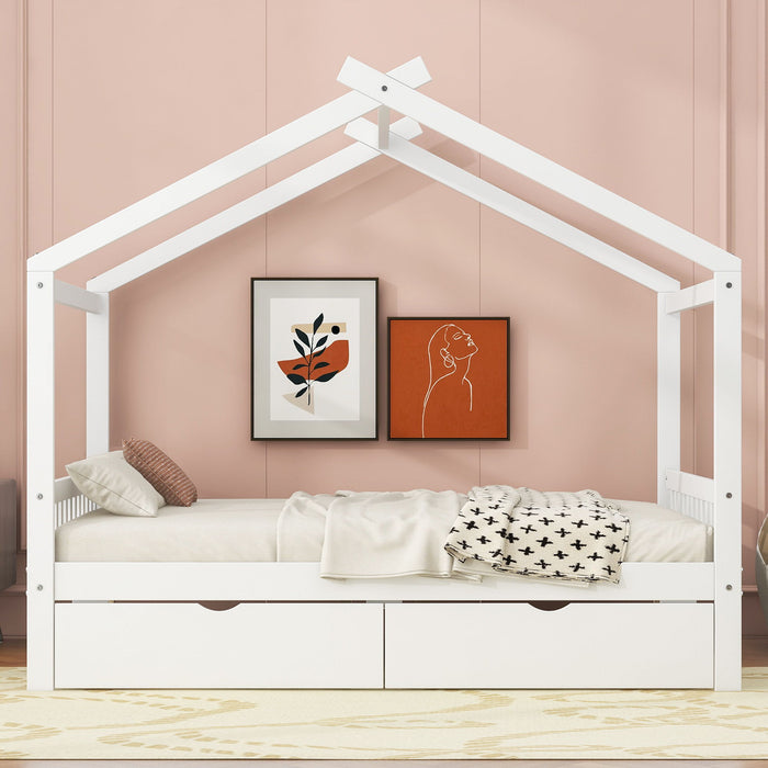 Giga house style platform storage bed with headboard, footboard, two drawers, and roof design in a modern bedroom setting.