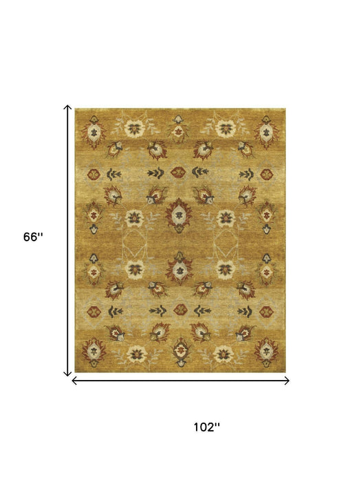 5' X 8' Wool Floral Hand Knotted Area Rug (744134) - Gold / Tan / Red