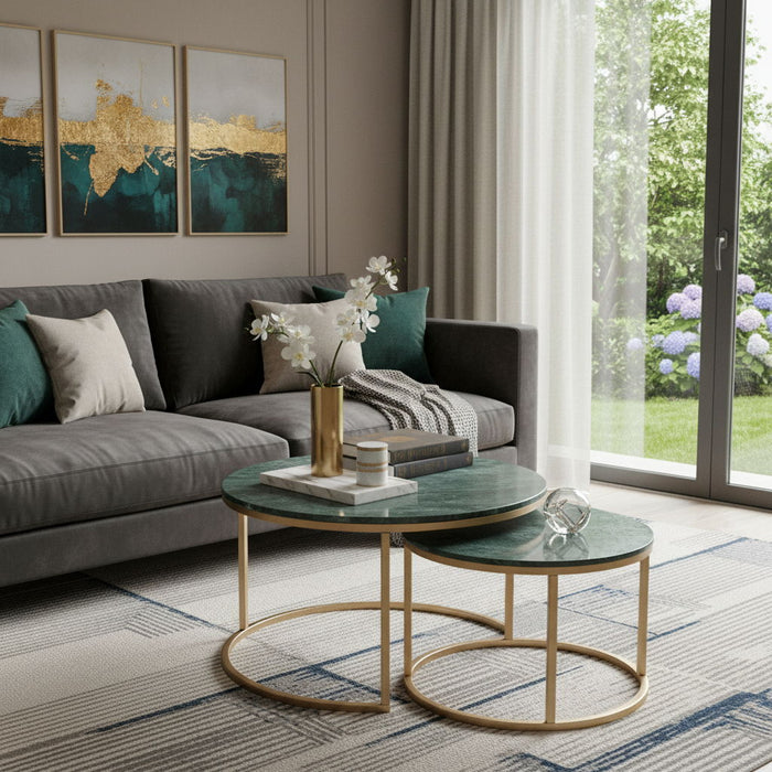 Genuine Marble Iron Round Frame Nested Coffee Tables (Set of 2) - Green / Gold