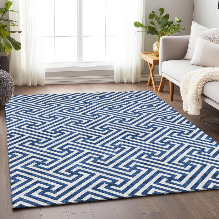 12' X 9' Transitional Geometric Washable Area Rug With UV Protection - Blue And Ivory