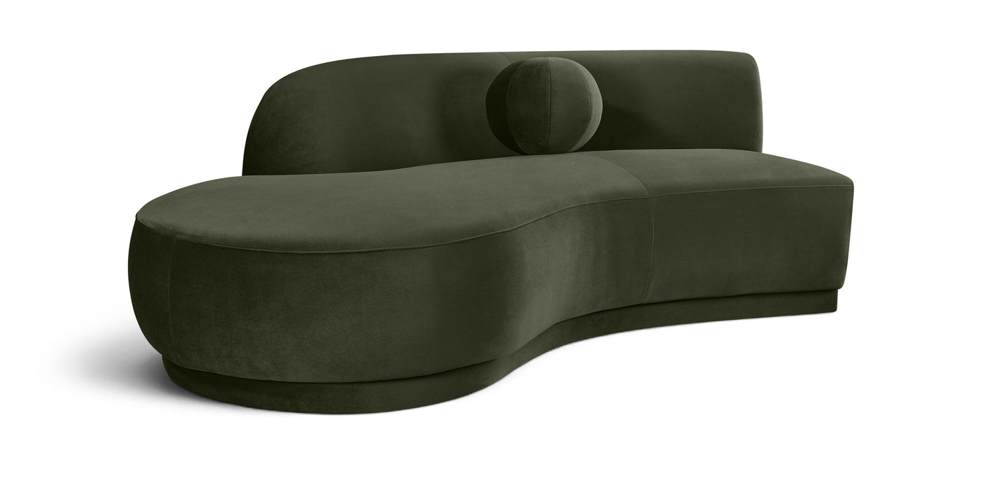 Meridian Furniture Avra 86-inch velvet upholstered stationary sofa with plush performance fabric in a modern living room setting.