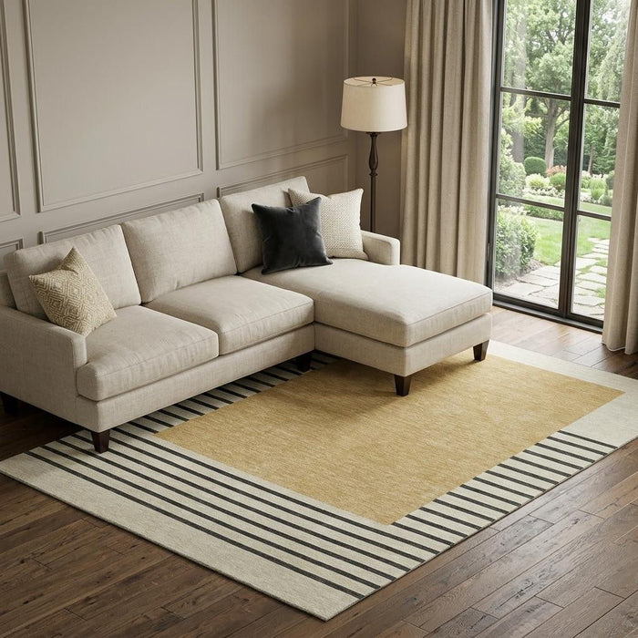 10' X 14' Striped Washable Area Rug With UV Protection (678347) - Gold / Ivory / Black