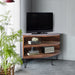Giga fan shape reclaimed wood corner TV stand for living room, natural finish, space-saving media table with modern design