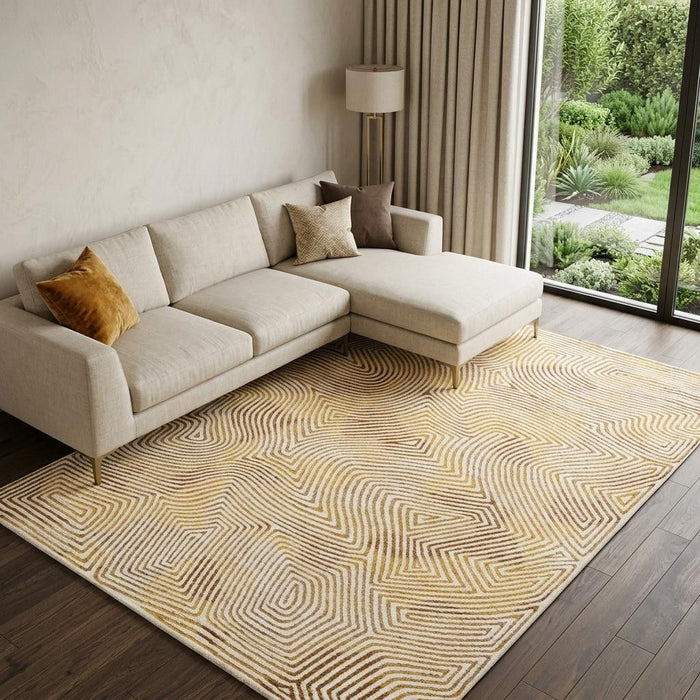 9' X 13' Geometric Washable Area Rug With UV Protection (609932) - Beige / Gold / Brown