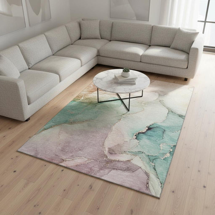 9' X 12' Abstract Washable Area Rug With UV Protection (647349) - Teal / Ivory / Brown