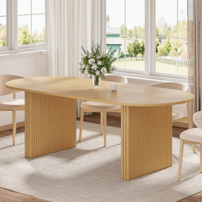 Solid Wood Mirrored Pedestal Base Oval Dining Table - Natural