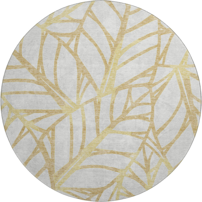 8' Floral Washable Round Rug With UV Protection - Gold / Beige