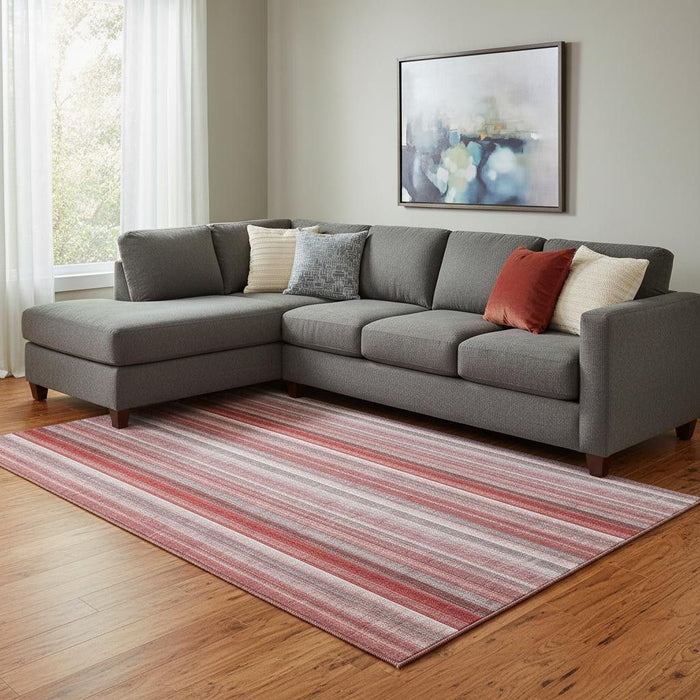 9' X 12' Striped Washable Area Rug With UV Protection (648411) - Red / Ivory