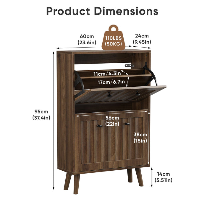 Giga shoe cabinet in walnut finish, upright storage unit with multiple compartments for organizing footwear.