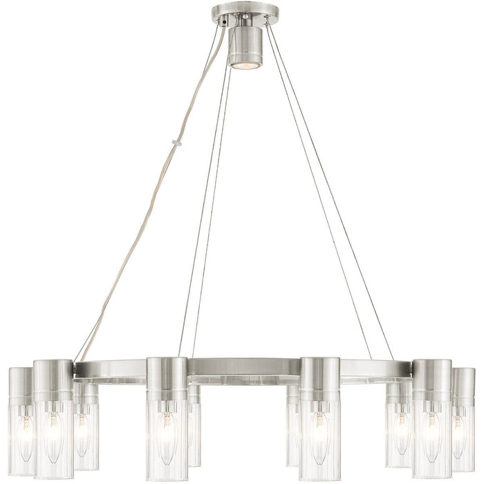 Ten-light metal chandelier with shades in nickel finish, featuring clear glass shades, designed for modern home lighting.