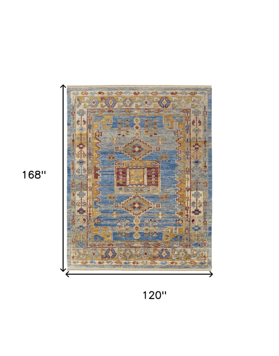 10' x 14' Wool Geometric Hand Knotted Area Rug With Fringe - Blue Red And Yellow