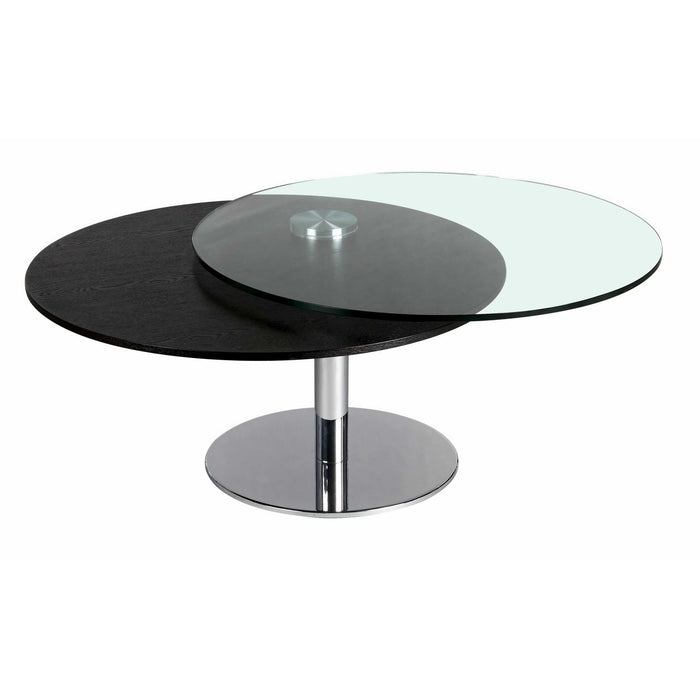 Chintaly 8176 32" Round Glass & Solid Wood Cocktail Table Motion Tops Clear Glass