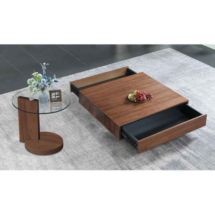 Chintaly 2713-OCC Wooden Cocktail Table w/ Melamine Base & 2 Drawers Walnut Veneer / Matte Black