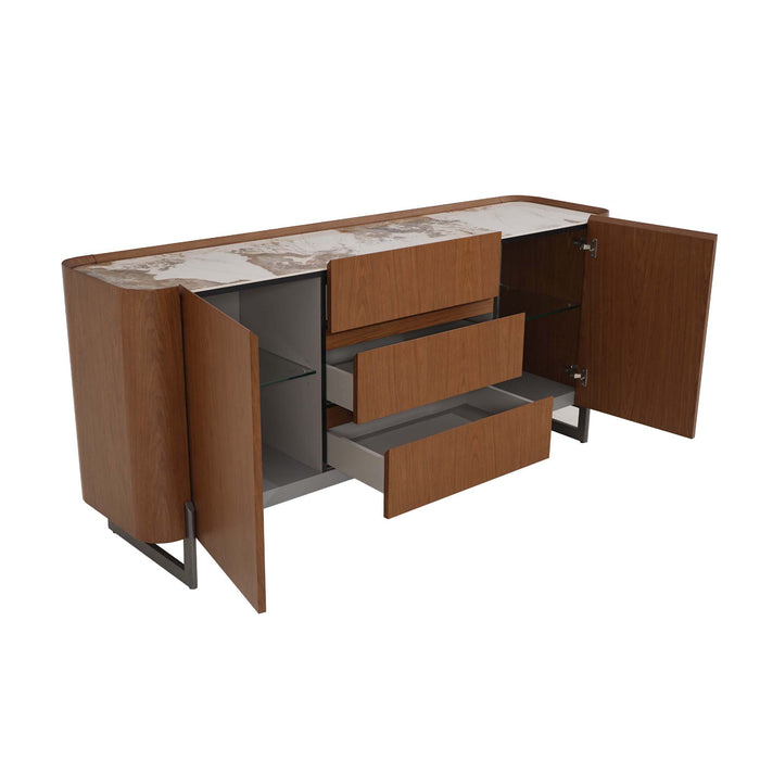 Chintaly RUBY-BUF Modern Wooden 2-Door Buffet w/ Ceramic Top & Steel Legs Walnut Veneer / Gloss White & Brown