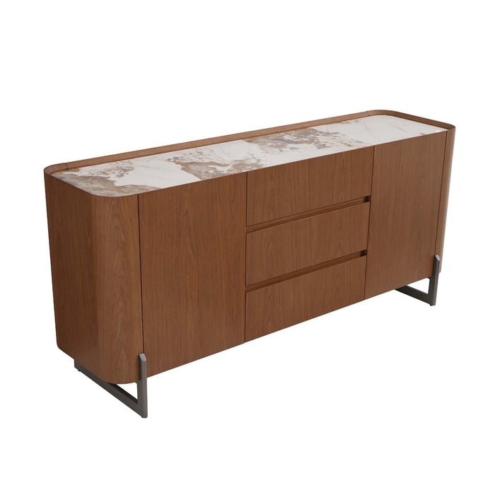 Chintaly RUBY-BUF Modern Wooden 2-Door Buffet w/ Ceramic Top & Steel Legs Walnut Veneer / Gloss White & Brown