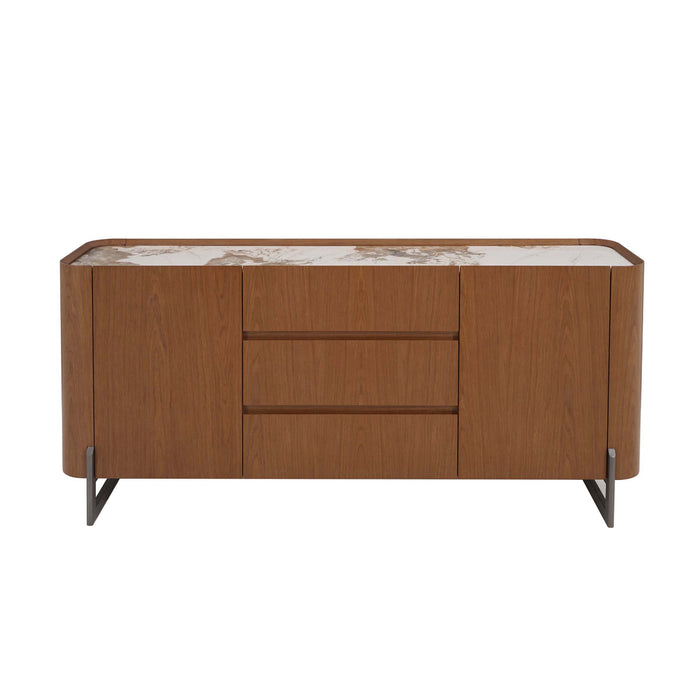 Chintaly RUBY-BUF Modern Wooden 2-Door Buffet w/ Ceramic Top & Steel Legs Walnut Veneer / Gloss White & Brown